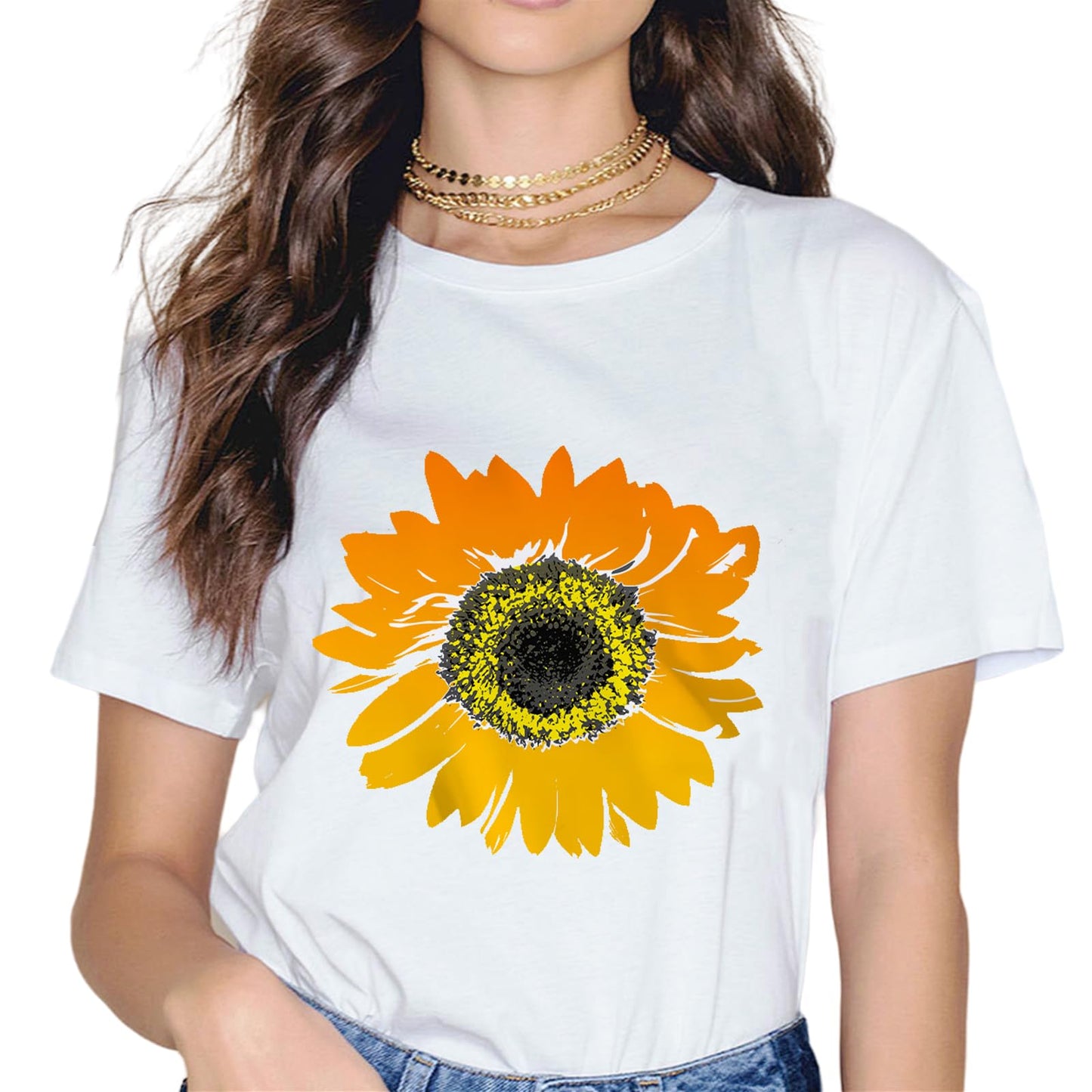 Women Sunflower Sunshine Floral Flower Fashion Short Sleeve Casual Round Neck T-Shirt