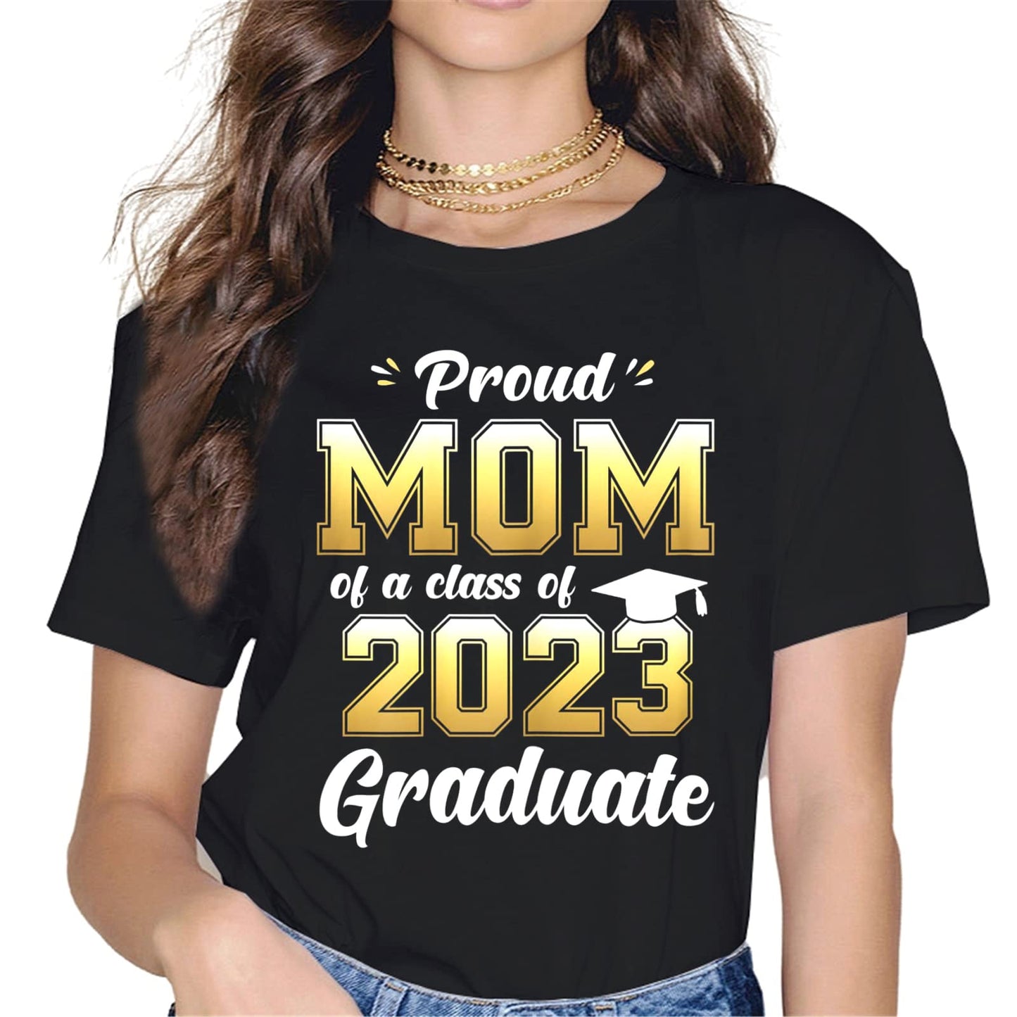 Proud Mom of a 2023 Graduate T-Shirt Women Tops Graphics Casual Short Sleeve Crew Neck Shirts Gift Tee