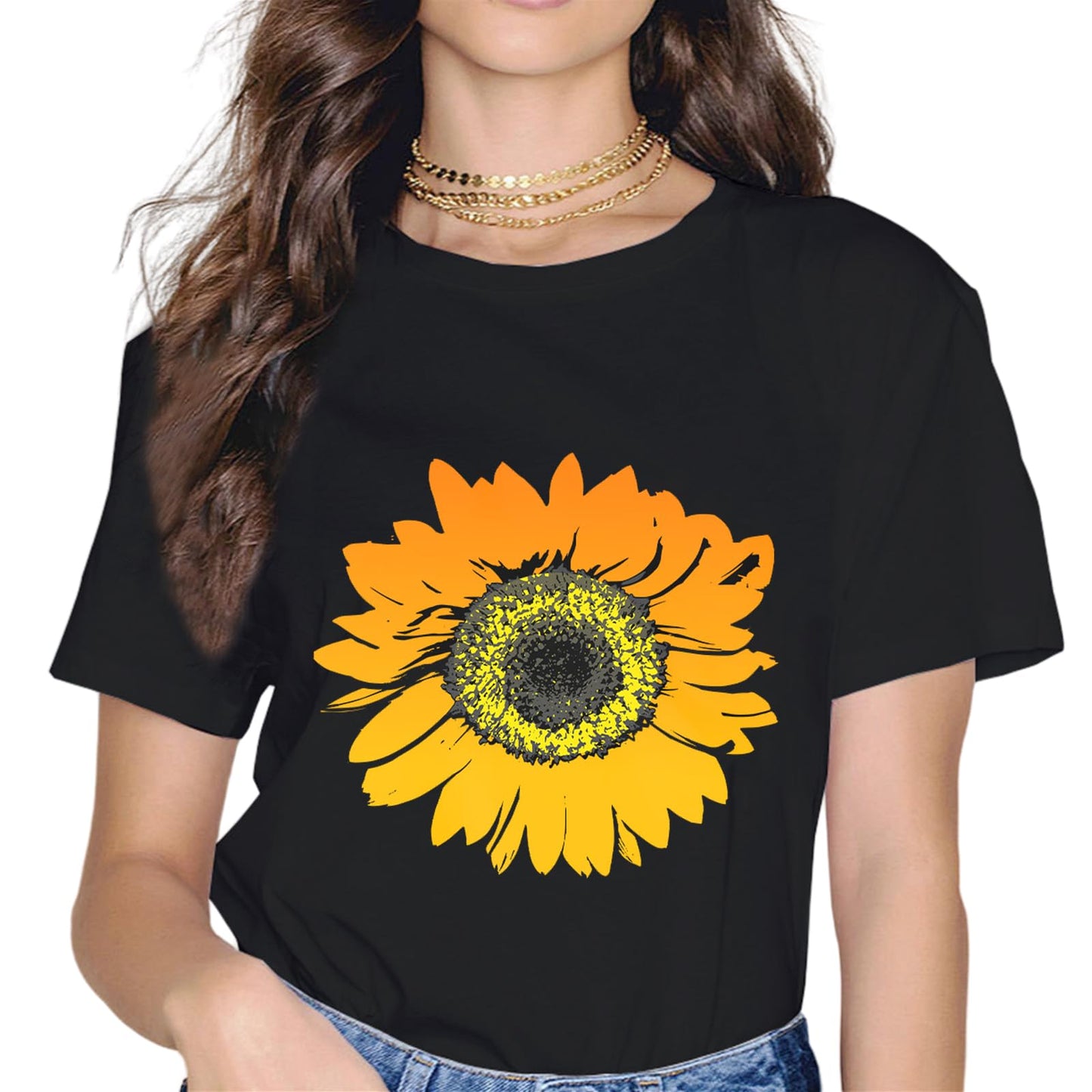 Women Sunflower Sunshine Floral Flower Fashion Short Sleeve Casual Round Neck T-Shirt