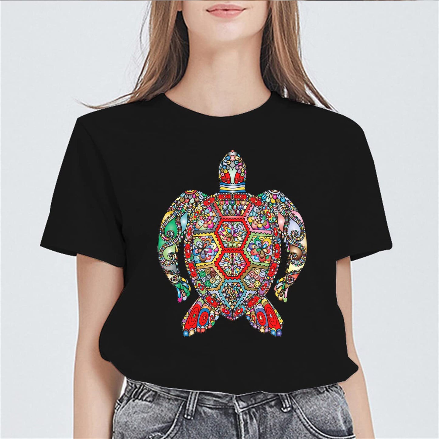 Women Mandala Pattern Sea Turtle Print Summer Casual Short Sleeve Crew Neck T-Shirts