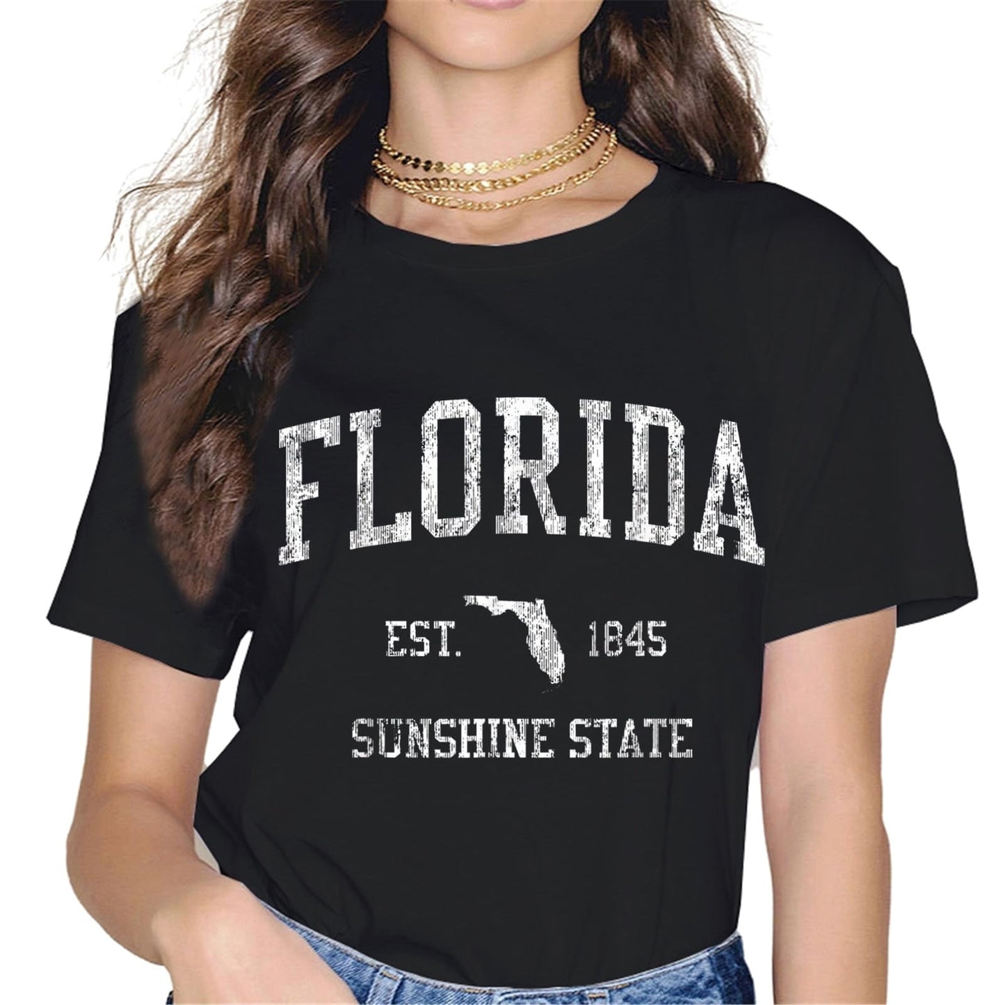 Women Tops Florida The Sunshine State Vintage Retro Vacation Gift T-Shirt Gift Graphics Crew Neck Casual Shirts Tee