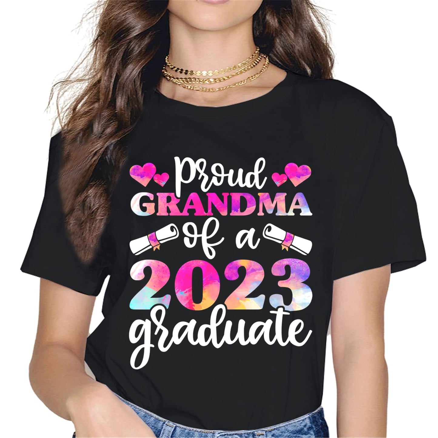 Women Tops Proud Grandma of A Class of 2023 Graduate T-Shirt Graphics Casual Short Sleeve Crew Neck Shirts Gift Tee