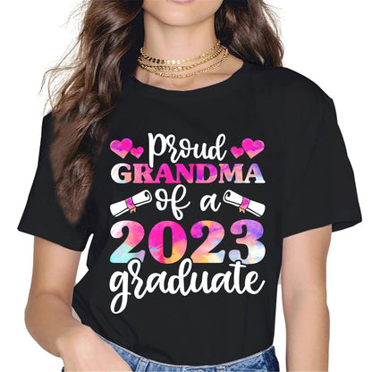 Women Tops Proud Grandma of A Class of 2023 Graduate T-Shirt Graphics Casual Short Sleeve Crew Neck Shirts Gift Tee