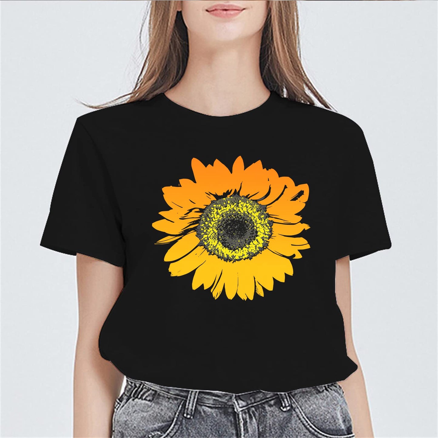 noozuo Sunflower Graphics Fashion Casual Women Short-Sleeved Round Neck T-Shirt