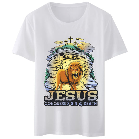 Women T-Shirt Jesus Conquered Sin Death Lion Cross T-Shirt Round Neck Tops Short Sleeve Casual Tee