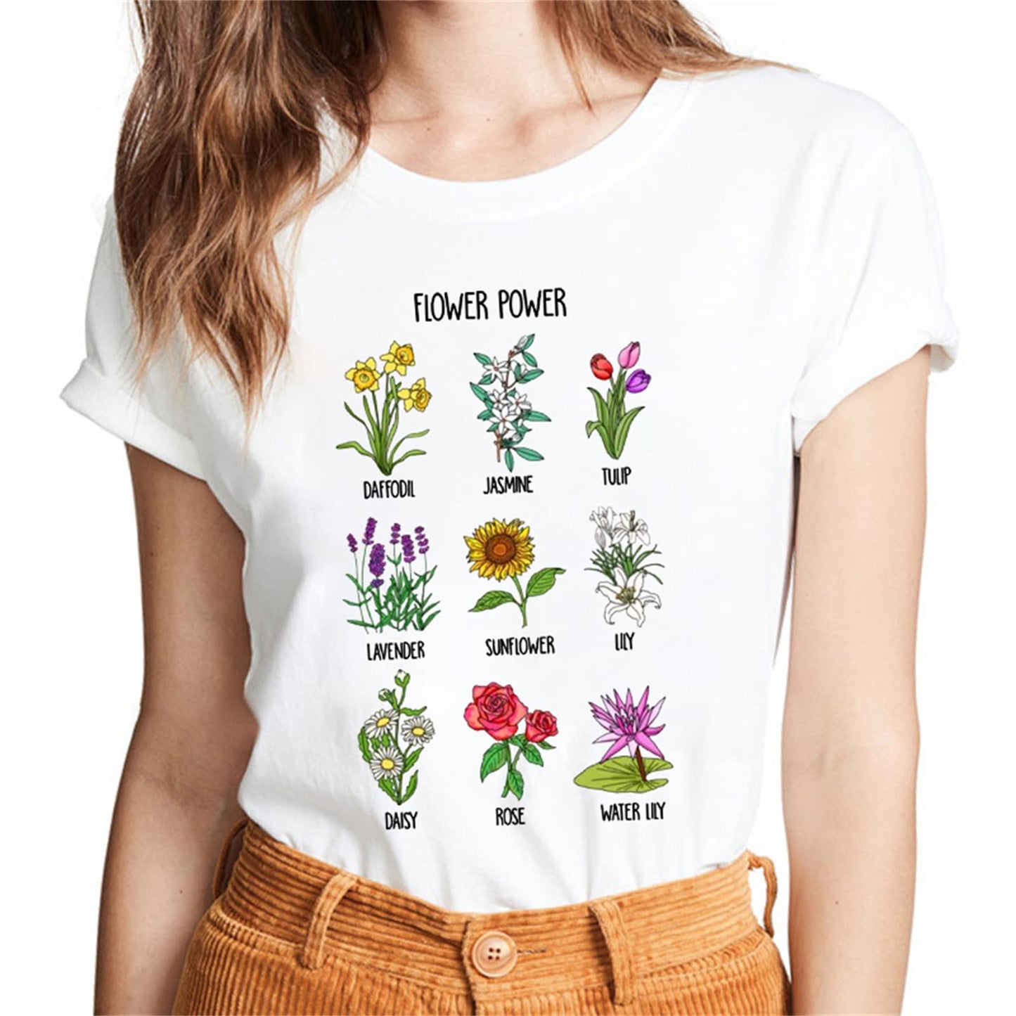 Sassalilly Various Botanical Flower Theme Pattern Text Top Casual Regular Summer Short Sleeve Women's T-Shirt