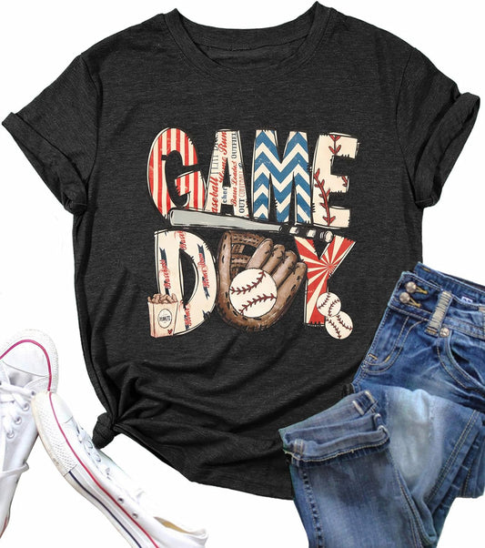 Baseball Game Day Shirt Women Baseball Mom Shirts Vintage Baseball Print Tshirt Casual Letter Print Tee Tops