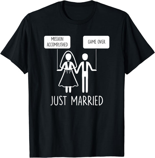 Just Married Game Over Bride Groom Line Art Minimal Men Gift T-Shirt