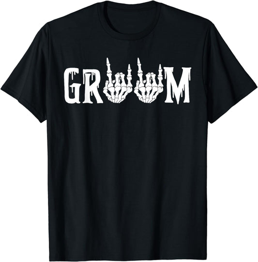 Groom Skeleton Rock Hand Halloween Wedding Bachelorette T-Shirt