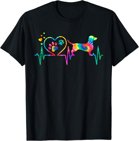 Dachshund Doxie Weenie Mom Dad Heartbeat Tie Dye Dog T-Shirt