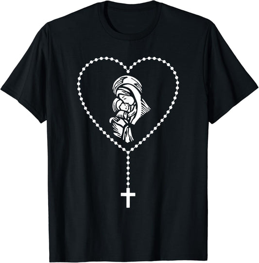 Rosary Cross Virgin Mary Jesus Catholic Faith Christian Gift T-Shirt