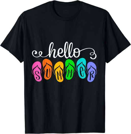 Hello Summer Vacation Flip Flops Colorful Beach Vacation T-Shirt