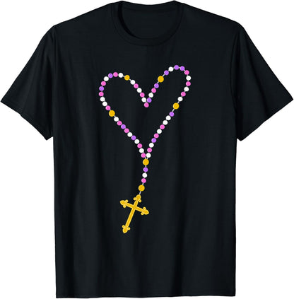 Heart Rosary Beads Prayer Catholic Love Mary and Jesus T-Shirt