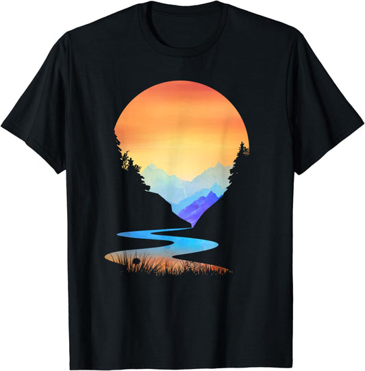 Outdoor Sunset Vintage Style Mountains Sun Nature T-Shirt