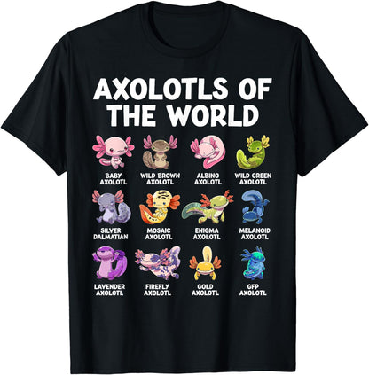 Axolotls Of The World Kawaii Types Of Axolotl Fish Amphibian Short Sleeve Black T-Shirt (Small)