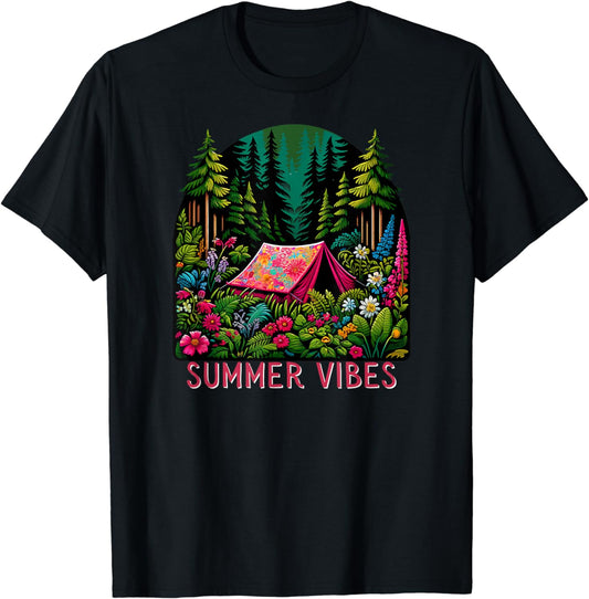 Summer Vibes Nature Camping and Tent Lover for Outdoor Fun T-Shirt