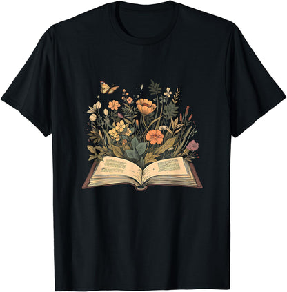 Women Book Lover Shirt Wildflowers Cottagecore Flowers Book T-Shirt