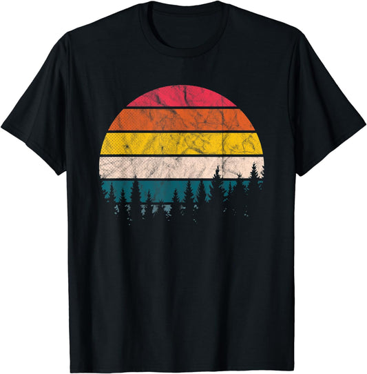 Retro Vintage Trees Cool Art Nature Sunrise Hiking Camping T-Shirt