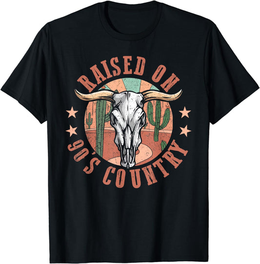 Vintage Raised On 90's Country Music Bull Skull Western T-Shirt