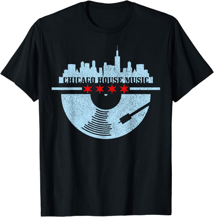 Chicago House Music Vintage Vinyl Dj Raver Flag Skyline Gift T-Shirt