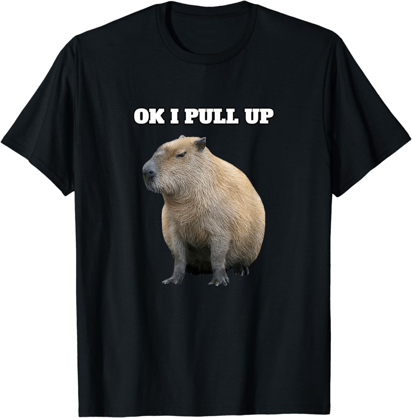 Ok I Pull Up" Capybara Black T-Shirt - Classic Fit, Crew Neck, Cap Sleeve