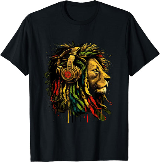 Rasta Reggae Music Headphones Jamaican Pride Lion Of Judah T-Shirt