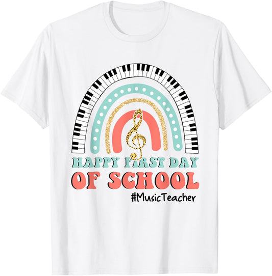 Leopard Rainbow Music Teacher First Day Back To School T-Shirt