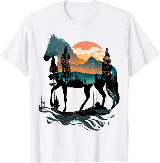 Natural horse forest tree mountain sun horse river nature T-Shirt