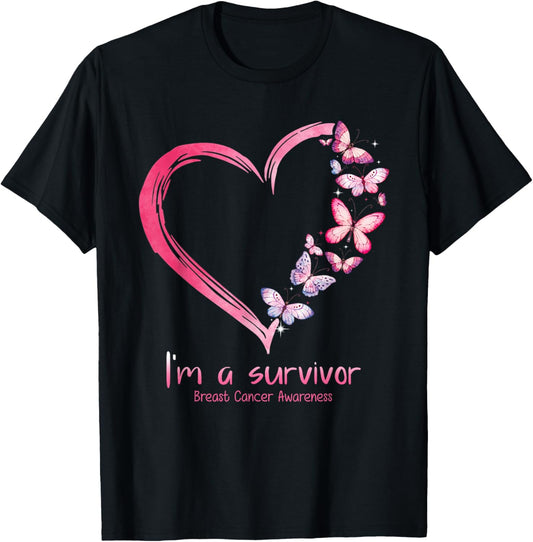 Pink Butterfly Heart I'm A Survivor Breast Cancer Awareness T-Shirt