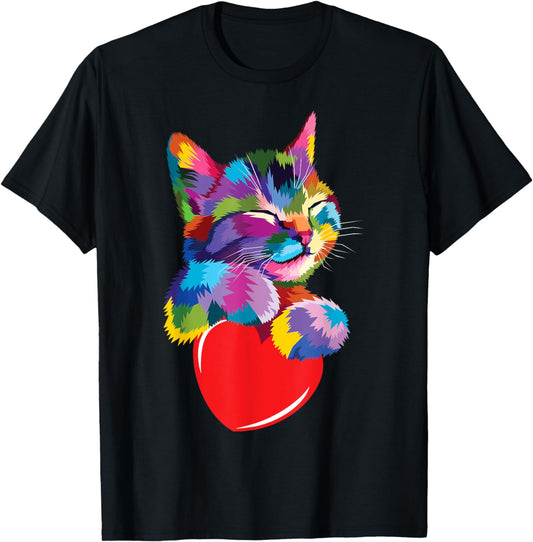 Rainbow Cute Cat Hugging Valentine Heart Kitty Love Cat T-Shirt