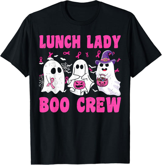 Lunch Lady Boo Crew Pumpkin Halloween Breast Cancer Month T-Shirt