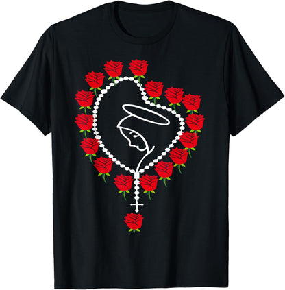 The Holy Rosary T-shirt Virgin Mary Catholics. Heart Roses