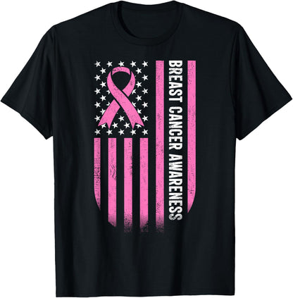 Nobody Fights Alone Breast Cancer USA Flag Pink Support T-Shirt