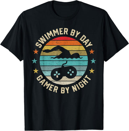 Swimmer By Day Gamer By Night Swimming Swim Lover Gaming T-Shirt