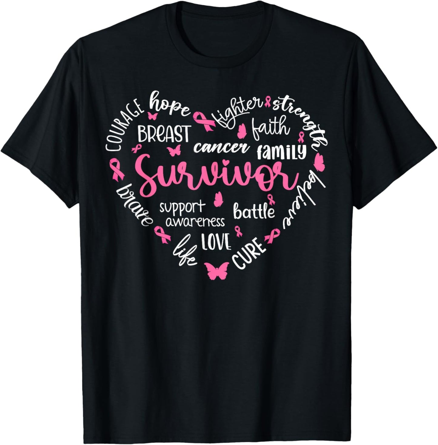 Pink Ribbon Heart Breast Cancer Awareness Survivor Warrior T-Shirt