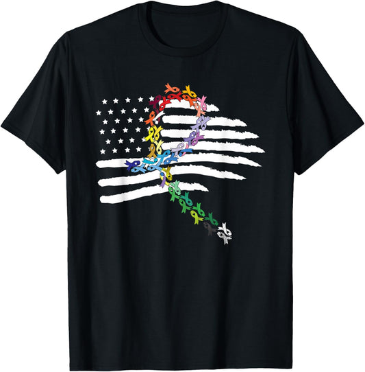 All Cancer Matters Awareness USA Flag All Ribbons T-Shirt