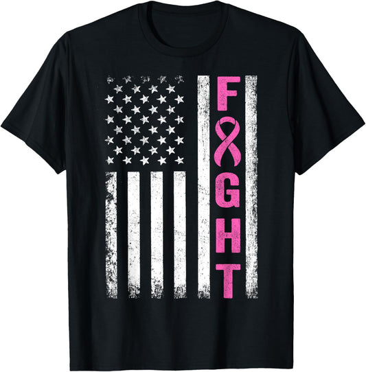 Fight Breast Survivor American Flag Breast Cancer Awareness T-Shirt