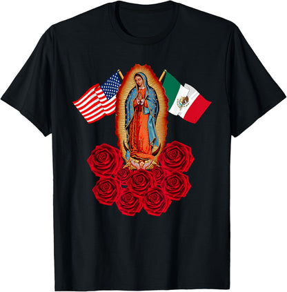 Our Lady Virgen De Guadalupe Mexican American Flag T-Shirt