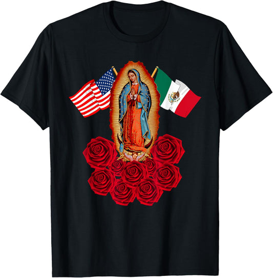 Our Lady Virgen De Guadalupe Mexican American Flag T-Shirt