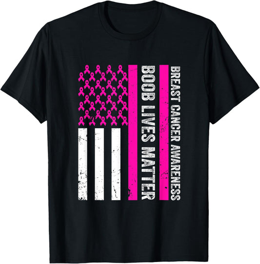 Boob Lives Matter Breast Cancer Awareness USA Flag Pink Line T-Shirt