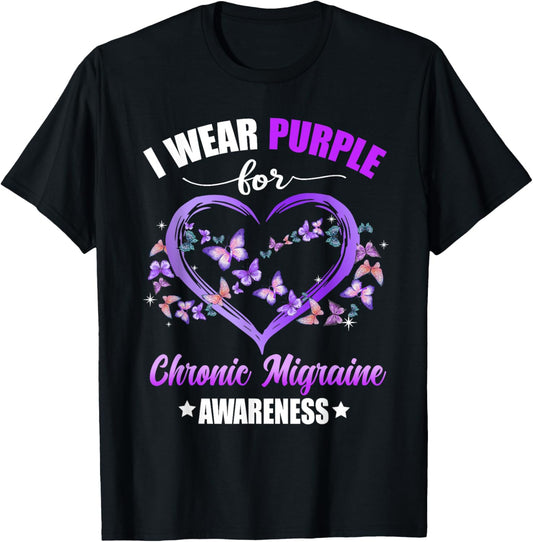 Heart Butterfly I Wear Purple For Chronic Migraine Awareness T-Shirt