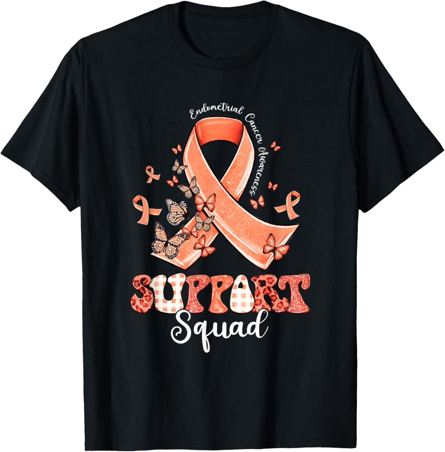 Support Squad Peach Ribbon Butterfly Endometrial Cancer T-Shirt