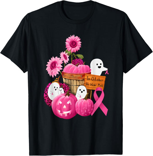 In October We Wear Pink Ghosts & Pumpkins For Breast Cancer T-Shirt