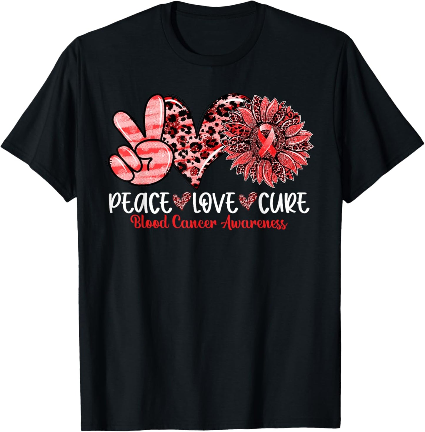 Peace Love Cure Sunflower Leopard Blood Cancer Awareness T-Shirt