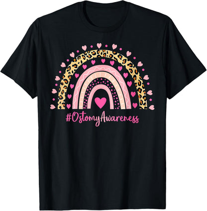 Womens Ostomy Awareness Pink Heart Leopard Rainbow Ostomy T-Shirt