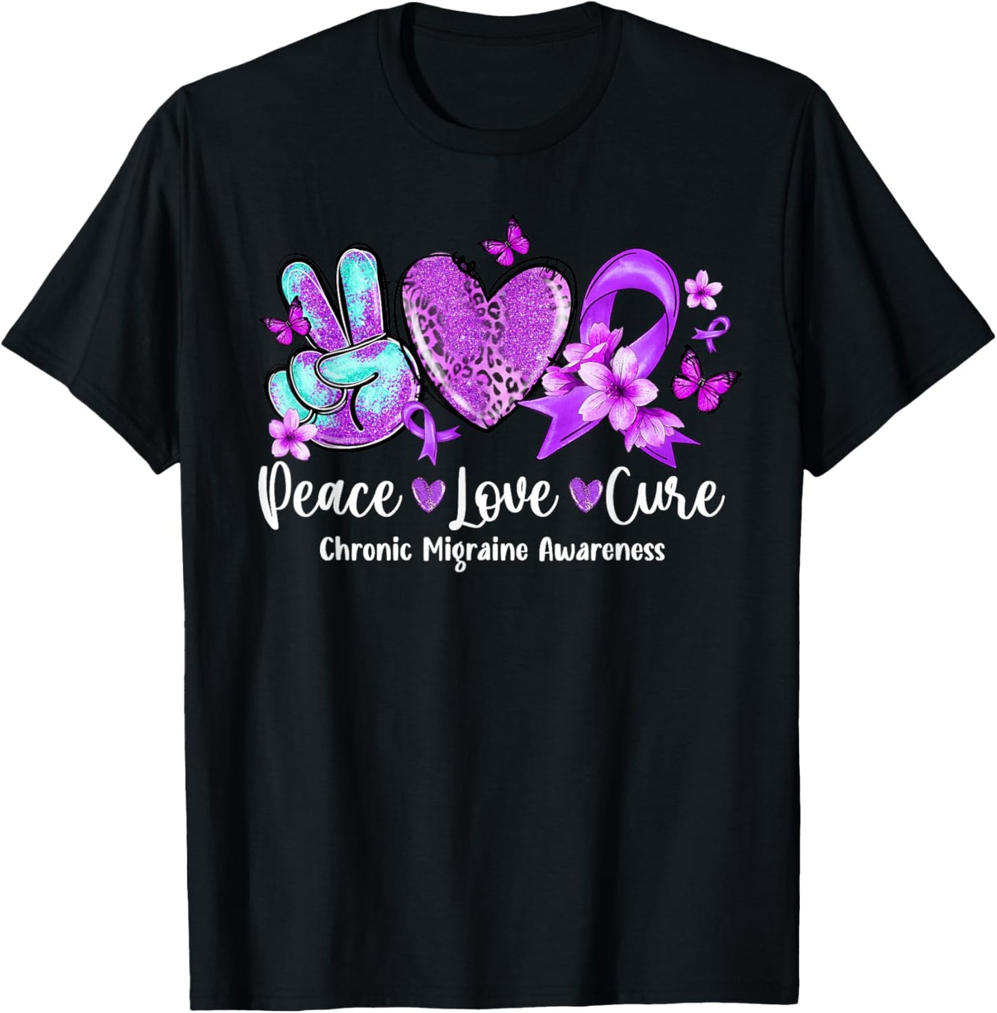 Peace Love Cure Purple Ribbon Chronic Migraine Awareness T-Shirt