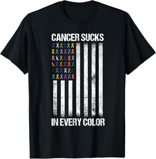 Cancer Sucks In Every Color Tshirt USA American Flag Ribbons T-Shirt