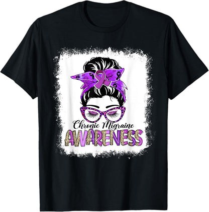 Messy Bun Purple Ribbon Chronic Migraine Awareness Gifts T-Shirt
