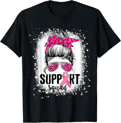 Support Squad Messy Bun Pink Warrior Breast Cancer Awareness T-Shirt