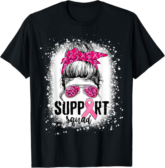 Support Squad Messy Bun Pink Warrior Breast Cancer Awareness T-Shirt